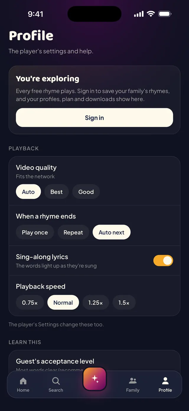 Profile and settings in the app