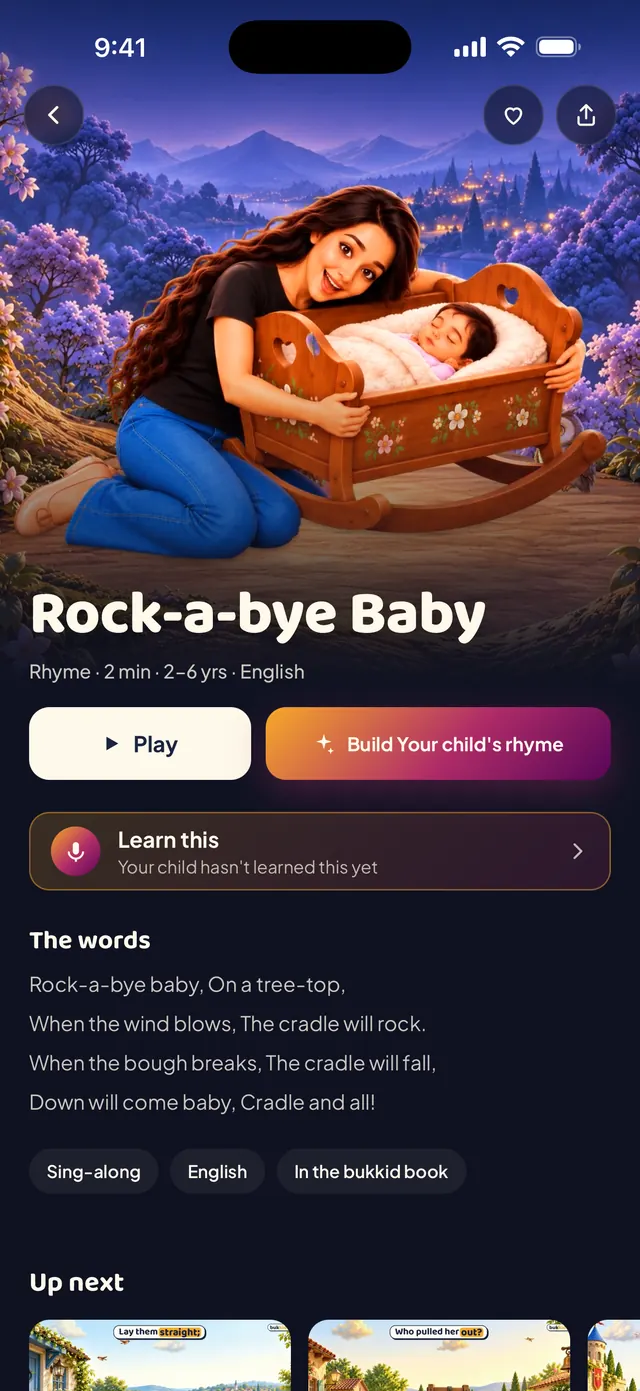 A rhyme's page in the app, with Play and Build your child's rhyme